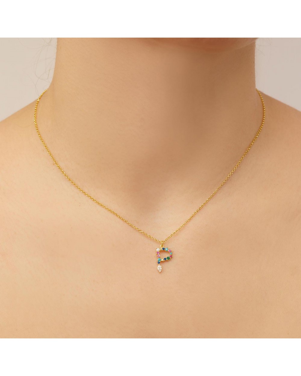 Κολιέ κίτρινο επιχρυσωμένο ασήμι 925, μονόγραμμα Ρ με πολύχρωμα ζιργκόν. K-MON-Ρ-MYLT-11 Κοσμήματα