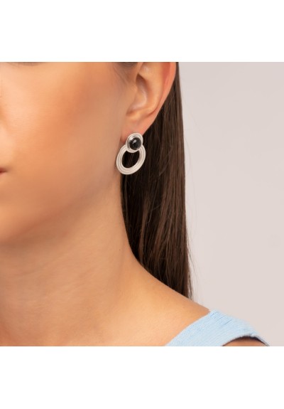 Σκουλαρίκια Excite Fashion Jewellery, κρίκοι με μαύρη πέτρα από ανοξείδωτο  ατσάλι.  E-69-69-S