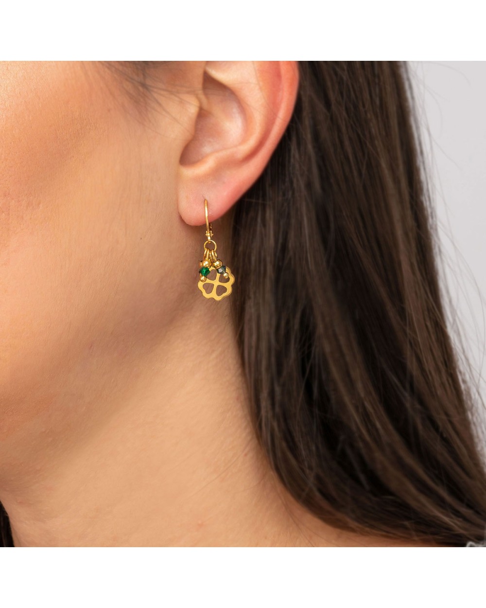 Κρικάκια Excite Fashion Jewellery, με κρεμαστό στοιχείο τριφύλλι, από ανοξείδωτο επιχρυσωμένο ατσάλι διακοσμημένα με πράσινα και μπλέ κρυσταλλάκια. S-1711-01-02-59 Κοσμήματα Κρικάκια Excite Fashion Jewellery, με κρεμαστό στοιχείο τριφύλλι, από ανοξείδωτο επιχρυσωμένο ατσάλι διακοσμημένα με πράσινα και μπλέ κρυσταλλάκια. S-1711-01-02-59 Κοσμήματα