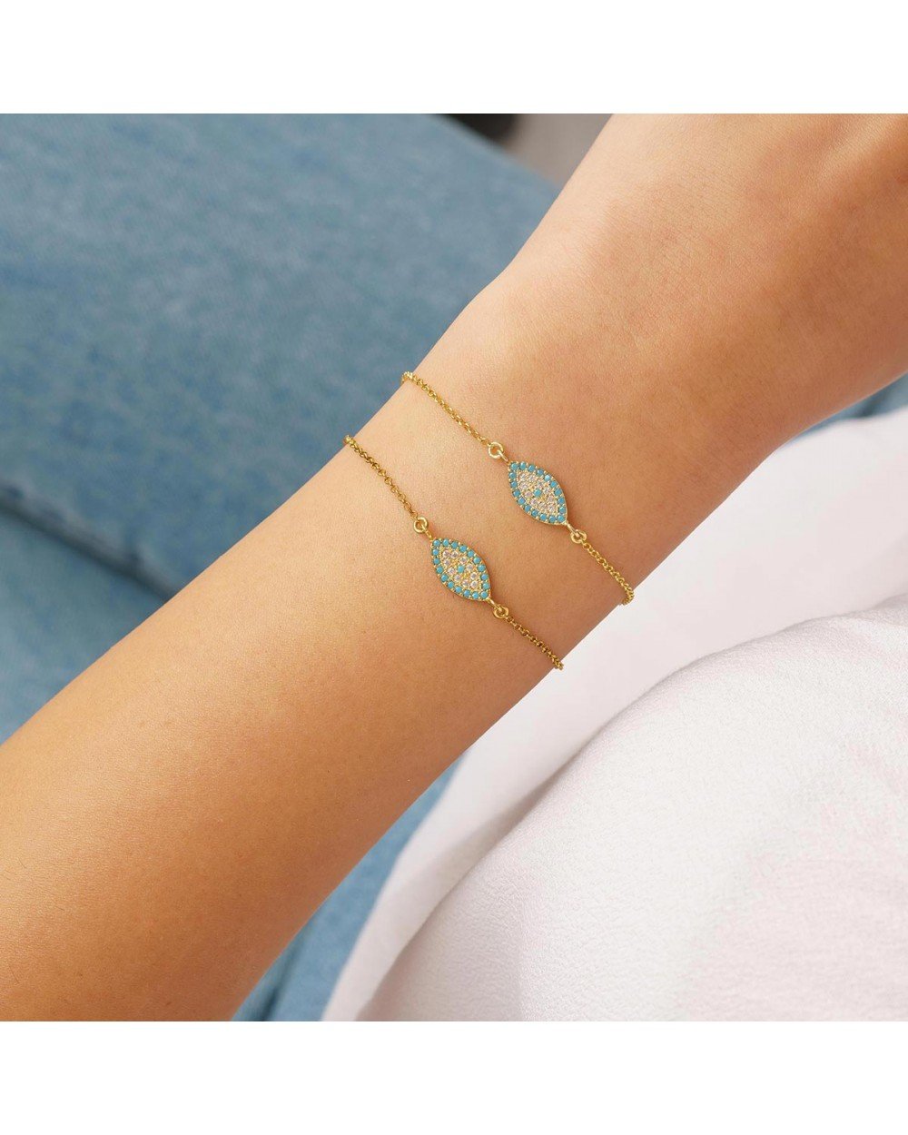 Βραχιόλι ματάκι Excite Fashion Jewellery με τυρκουάζ και λευκά ζιργκόν απο επιχρυσωμένο ασήμι 925. B-10-3-G-65 Κοσμήματα Βραχιόλι ματάκι Excite Fashion Jewellery με τυρκουάζ και λευκά ζιργκόν απο επιχρυσωμένο ασήμι 925. B-10-3-G-65 Κοσμήματα