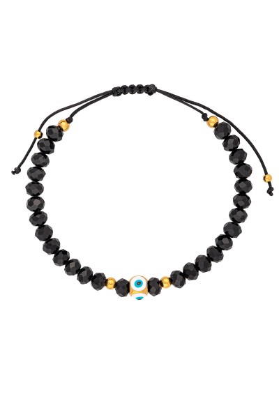 Βραχιόλι μαύρο μακραμέ, επίχρυσο ματάκι με σμάλτο, επίχρυσες μπίλιες και μαύρες χάνδρες, της Excite Fashion Jewellery. B-1403-05-10-59 Βραχιόλι μαύρο μακραμέ, επίχρυσο ματάκι με σμάλτο, επίχρυσες μπίλιες και μαύρες χάνδρες, της Excite Fashion Jewellery. B-1403-05-10-59