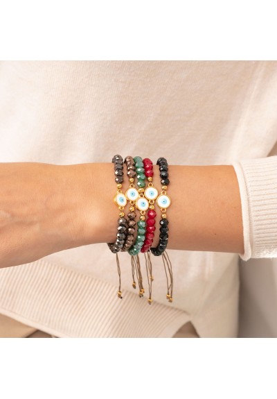 Βραχιόλι καφέ μακραμέ, επίχρυσο στρογγυλό ματάκι με σμάλτο, επίχρυσες μπίλιες και μαύρες χάνδρες, της Excite Fashion Jewellery. B-1410-03-10-49 Βραχιόλι καφέ μακραμέ, επίχρυσο στρογγυλό ματάκι με σμάλτο, επίχρυσες μπίλιες και μαύρες χάνδρες, της Excite Fashion Jewellery. B-1410-03-10-49