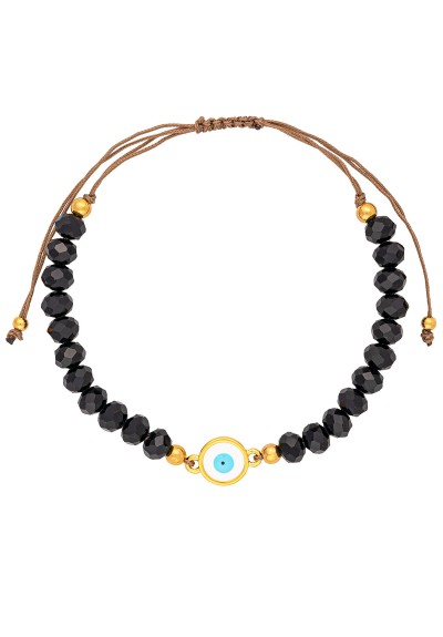 Βραχιόλι καφέ μακραμέ, επίχρυσο στρογγυλό ματάκι με σμάλτο, επίχρυσες μπίλιες και μαύρες χάνδρες, της Excite Fashion Jewellery. B-1410-03-10-49 Βραχιόλι καφέ μακραμέ, επίχρυσο στρογγυλό ματάκι με σμάλτο, επίχρυσες μπίλιες και μαύρες χάνδρες, της Excite Fashion Jewellery. B-1410-03-10-49