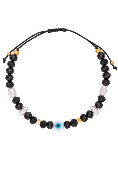 Βραχιόλι μαύρο μακραμέ, με στρογγυλό λευκό ματάκι, μαργαριταράκια, επίχρυσες μπίλιες και μαύρες χάνδρες, της Excite Fashion Jewellery. B-1436-05-10-5 Βραχιόλι μαύρο μακραμέ, με στρογγυλό λευκό ματάκι, μαργαριταράκια, επίχρυσες μπίλιες και μαύρες χάνδρες, της Excite Fashion Jewellery. B-1436-05-10-5