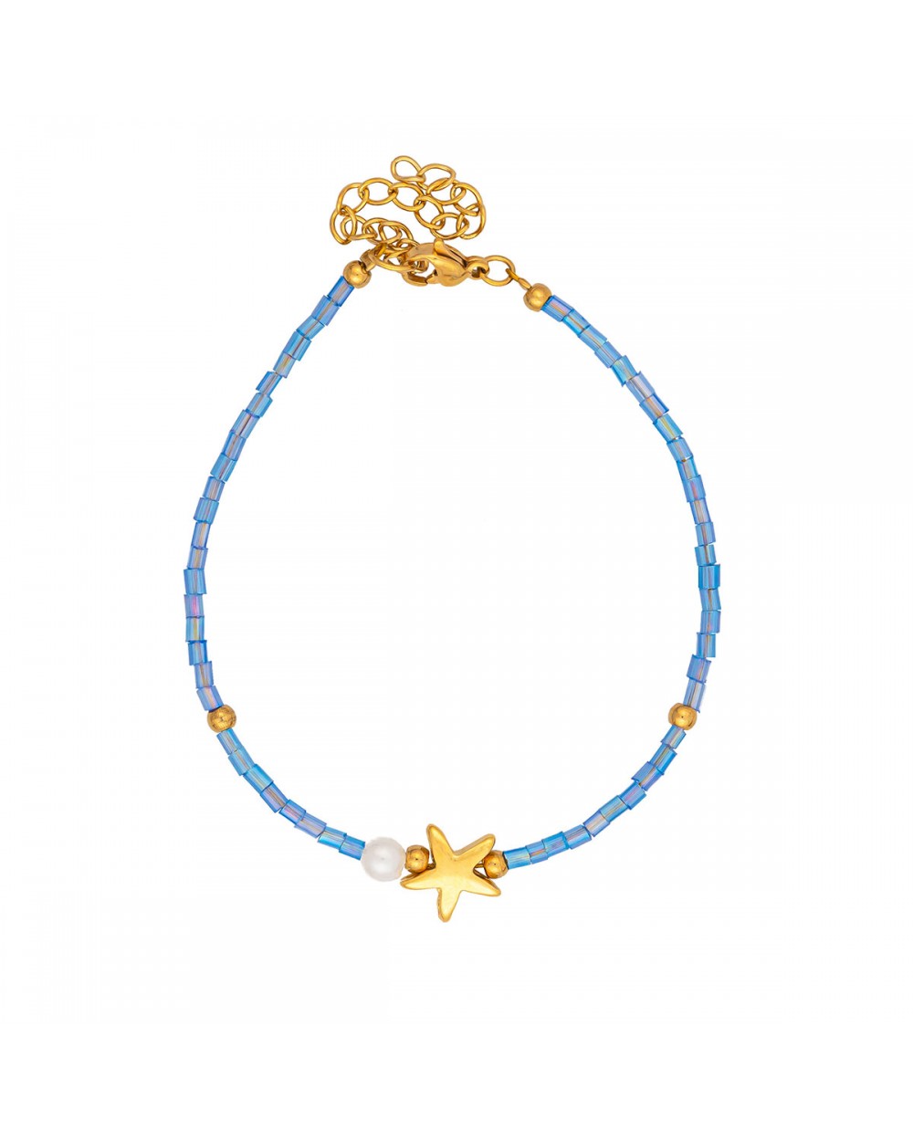 Χειροποίητο βραχιόλι αστερίας της  Excite Fashion Jewellery, με γαλάζιες χάντρες, χρυσές και περλίτσα. B-1727-01-07-4 Κοσμήματα