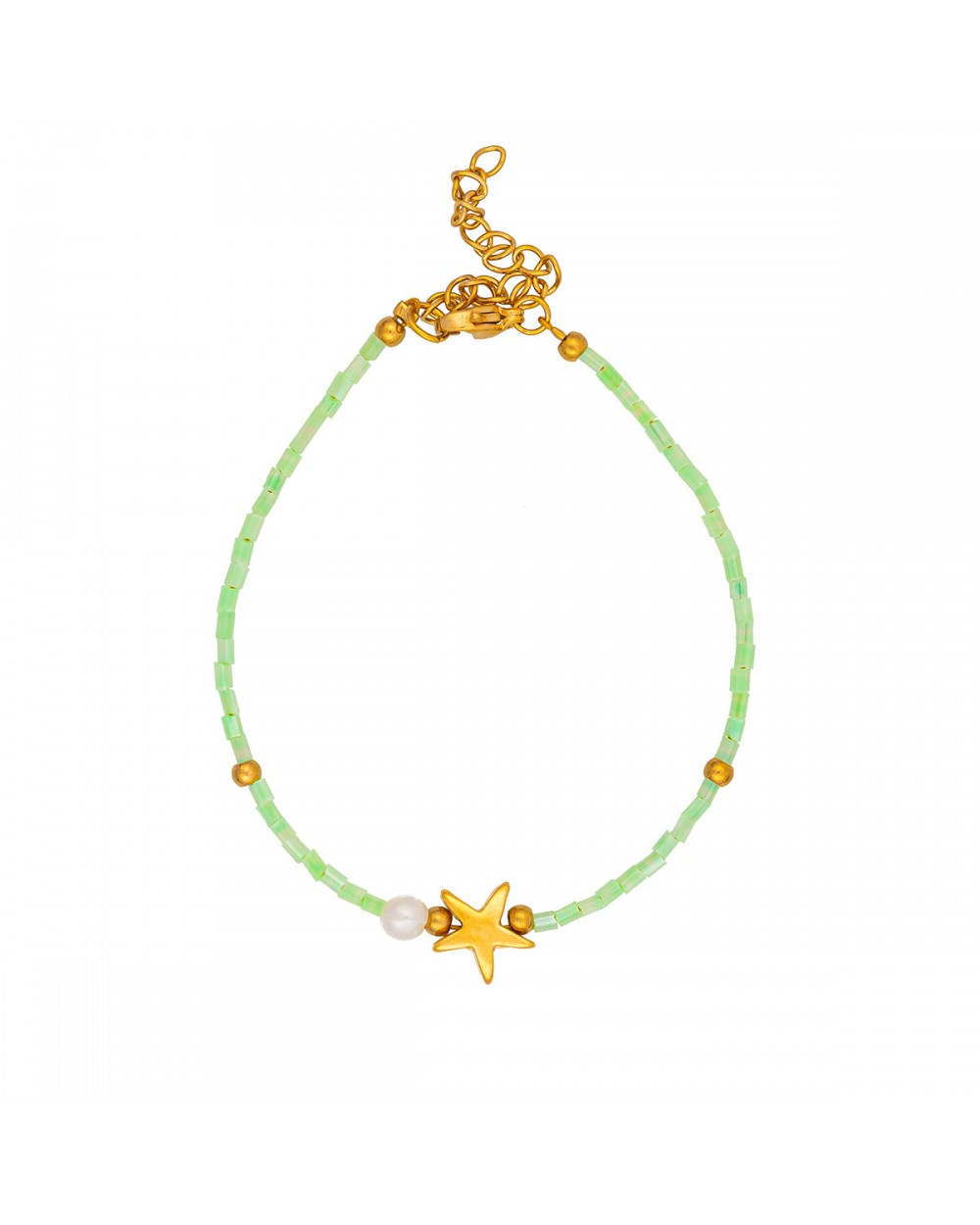 Χειροποίητο βραχιόλι αστερίας της  Excite Fashion Jewellery, με πράσινες χάντρες,  χρυσές και περλίτσα. B-1727-01-08-4 Κοσμήματα