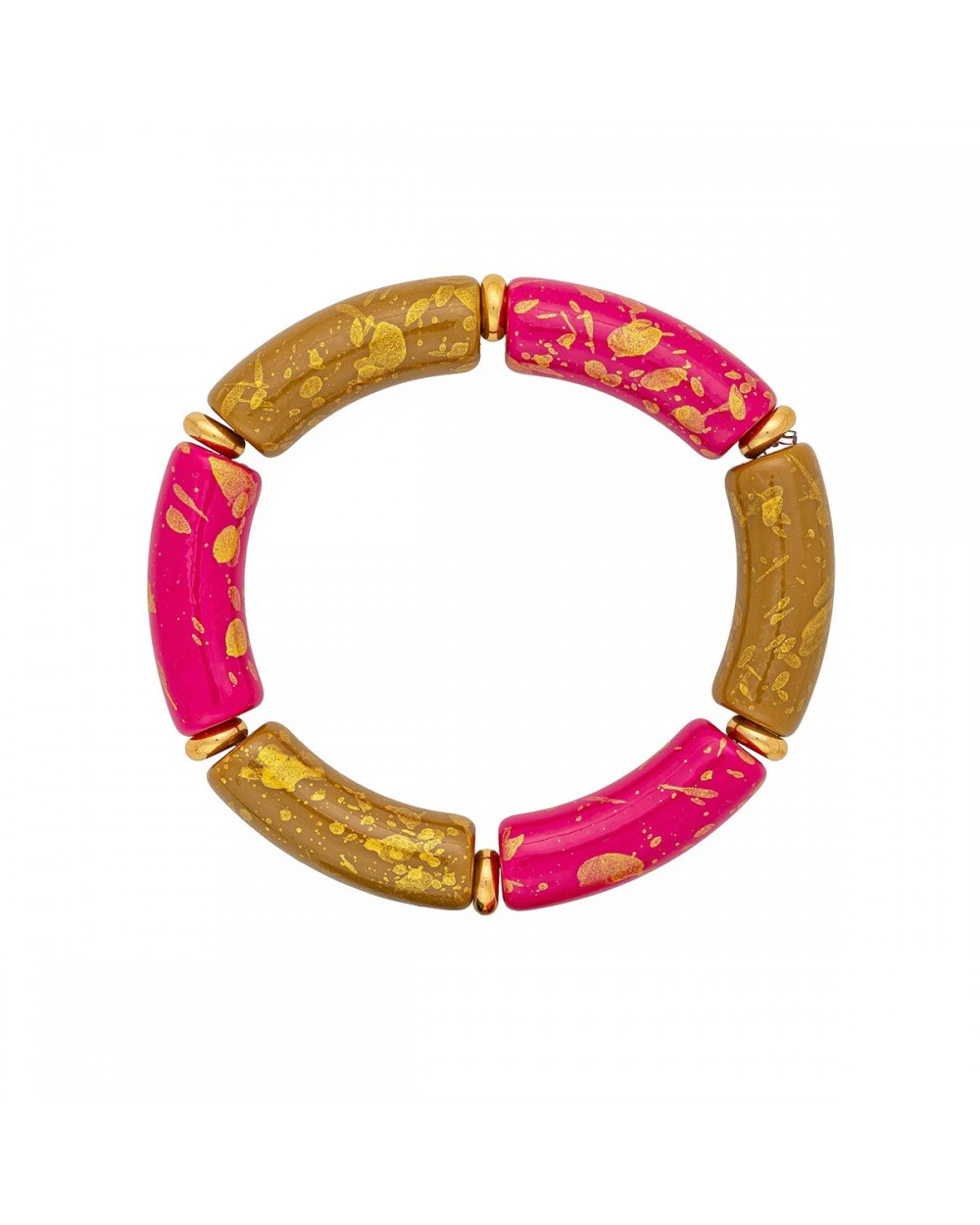 Χειροποίητο φαρδύ δίχρωμο βραχιόλι της Excite Fashion Jewellery λαδί - φούξια με χρυσές λεπτομέρειες  και χρυσές χάντρες. B-1733-01-0506-7 Κοσμήματα