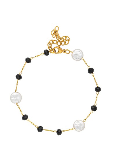Χειροποίητο βραχιόλι από επιχρυσωμένο ανοξείδωτο ατσάλι, πλακέ πέρλες και μαύρες χάντρες, της Excite Fashion Jewellery. B-1743-01-06-5 Χειροποίητο βραχιόλι από επιχρυσωμένο ανοξείδωτο ατσάλι, πλακέ πέρλες και μαύρες χάντρες, της Excite Fashion Jewellery. B-1743-01-06-5