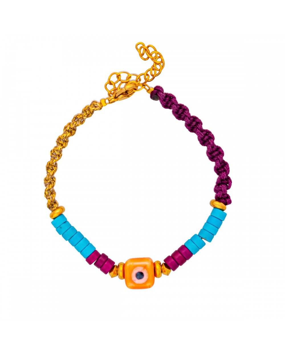Χειροποίητο βραχιόλι της Excite Fashion Jewellery, πορτοκαλί ματάκι ζάρι, κορδόνι μακραμέ και πολύχρωμες ροδέλες από επιχρυσωμένο ανοξείδωτο ατσάλι. B-1759-22 Κοσμήματα Χειροποίητο βραχιόλι της Excite Fashion Jewellery, πορτοκαλί ματάκι ζάρι, κορδόνι μακραμέ και πολύχρωμες ροδέλες από επιχρυσωμένο ανοξείδωτο ατσάλι. B-1759-22 Κοσμήματα