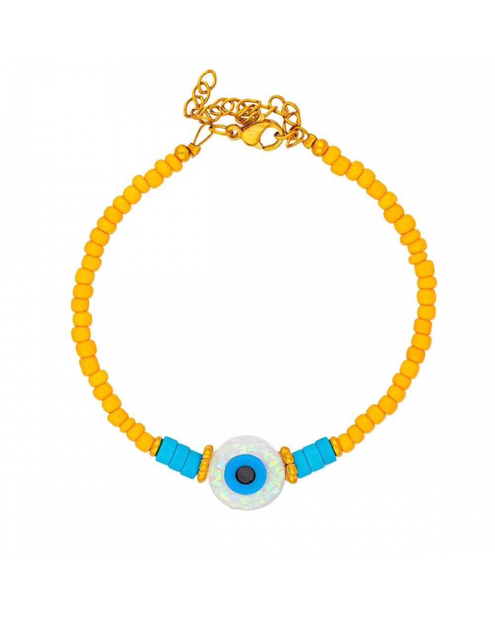 Χειροποίητο βραχιόλι της Excite Fashion Jewellery, με στρογγυλό λευκό ματάκι, κίτρινες και τιρκουάζ χάντρες. B-1760-22 Κοσμήματα