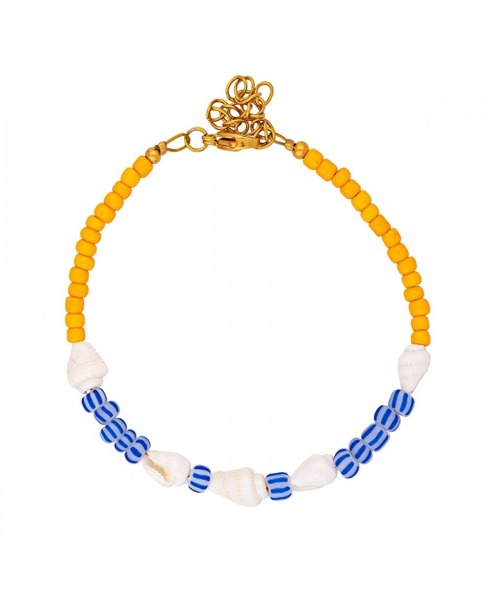 Χειροποίητο βραχιόλι της Excite Fashion Jewellery, με κοχυλάκια, κίτρινες και μπλε-λευκές ριγέ χάντρες. B-1762-16 Κοσμήματα Χειροποίητο βραχιόλι της Excite Fashion Jewellery, με κοχυλάκια, κίτρινες και μπλε-λευκές ριγέ χάντρες. B-1762-16 Κοσμήματα