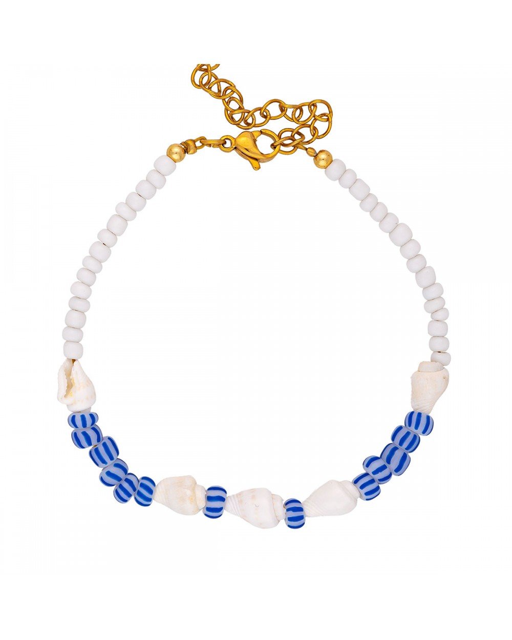 Χειροποίητο βραχιόλι της Excite Fashion Jewellery, με κοχυλάκια, λευκές, και μπλε-λευκές ριγέ χάντρες. B-1762-17 Κοσμήματα