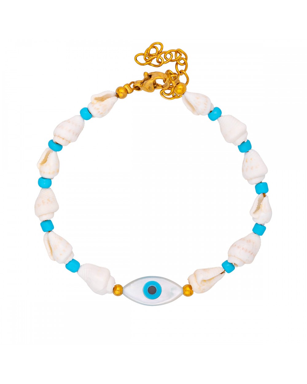 Χειροποίητο  βραχιόλι της Excite Fashion Jewellery,οβάλ ματάκι, κοχυλάκια και τιρκουάζ χάντρες, από επιχρυσωμένο ανοξείδωτο ατσάλι. B-1763-14 Κοσμήματα