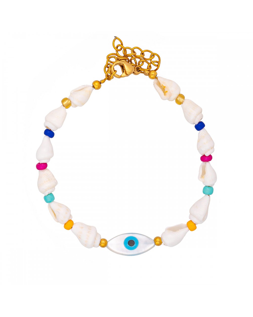 Χειροποίητο  βραχιόλι της Excite Fashion Jewellery,οβάλ ματάκι, κοχυλάκια και πολύχρωμες χάντρες, από επιχρυσωμένο ανοξείδωτο ατσάλι. B-1763-32 Κοσμήματα