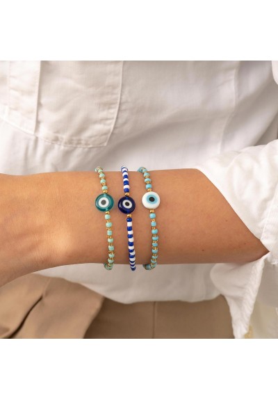 Χειροποίητο  βραχιόλι της Excite Fashion Jewellery, στρογγυλό γαλαζοπράσινο ματάκι, λευκές και γαλαζοπράσινες χάντρες, από επιχρυσωμένο ανοξείδωτο ατσάλι. B-1764-30 Χειροποίητο  βραχιόλι της Excite Fashion Jewellery, στρογγυλό γαλαζοπράσινο ματάκι, λευκές και γαλαζοπράσινες χάντρες, από επιχρυσωμένο ανοξείδωτο ατσάλι. B-1764-30