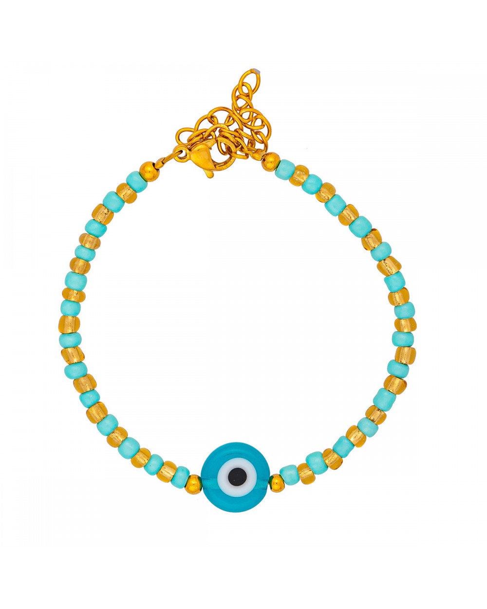Χειροποίητο βραχιόλι της Excite Fashion Jewellery, στρογγυλό γαλαζοπράσινο ματάκι, λευκές και γαλαζοπράσινες χάντρες, από επιχρυσωμένο ανοξείδωτο ατσάλι. B-1764-30 Κοσμήματα Χειροποίητο βραχιόλι της Excite Fashion Jewellery, στρογγυλό γαλαζοπράσινο ματάκι, λευκές και γαλαζοπράσινες χάντρες, από επιχρυσωμένο ανοξείδωτο ατσάλι. B-1764-30 Κοσμήματα