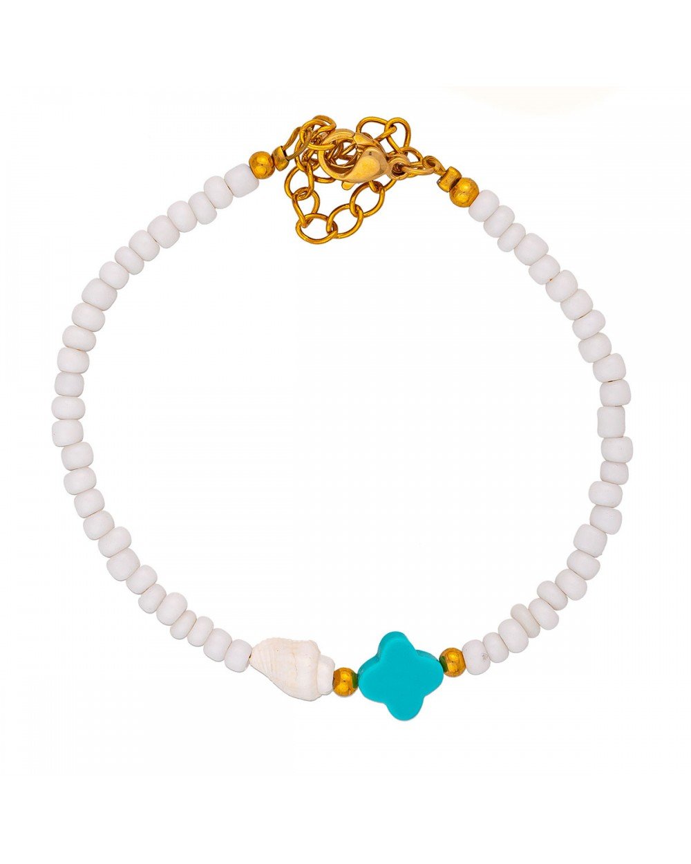 Χειροποίητο βραχιόλι της Excite Fashion Jewellery, με κοχυλάκι, τιρκουάζ οβάλ σταυρό και λευκές χαντρες.  B-1765-17 Κοσμήματα