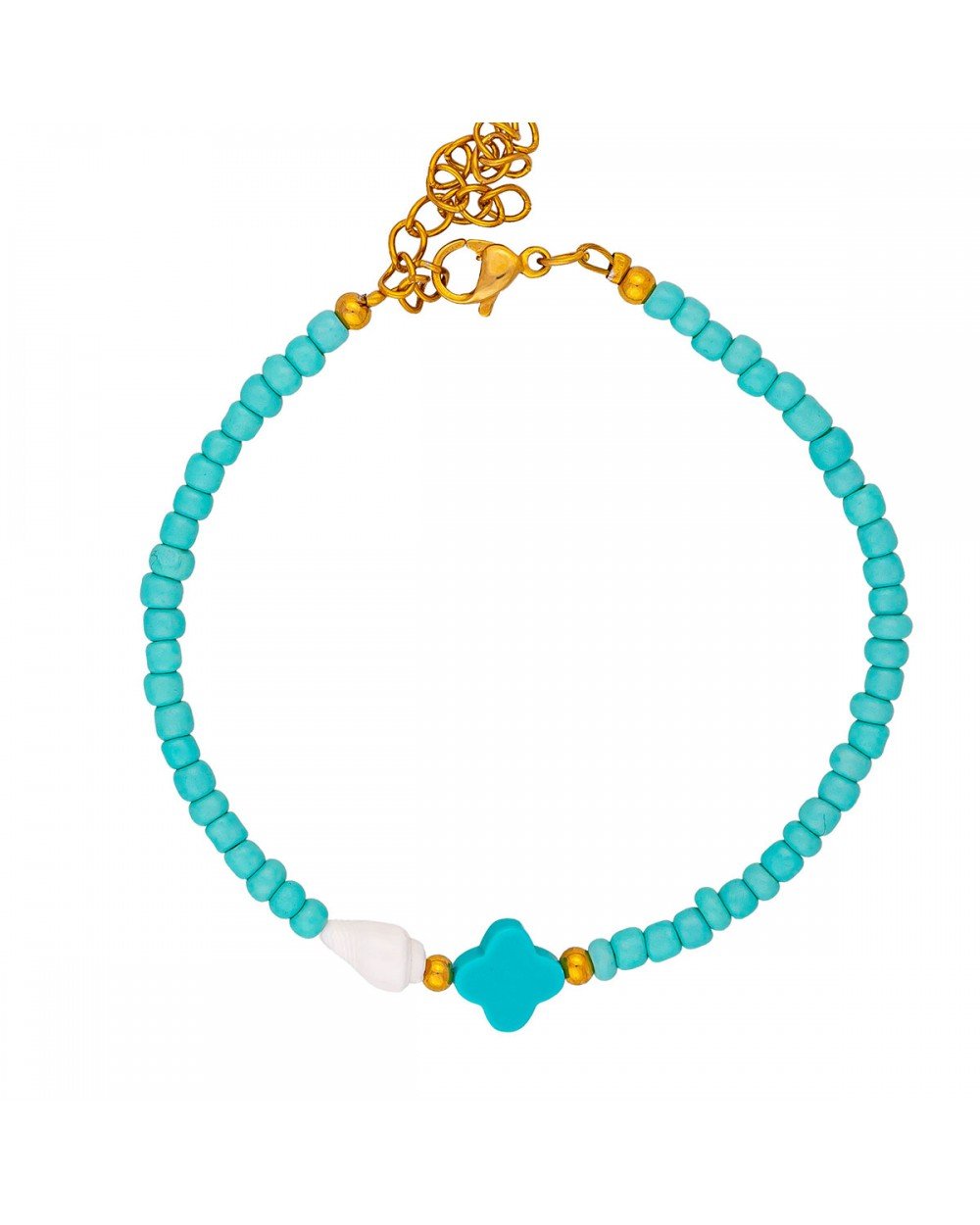 Χειροποίητο βραχιόλι της Excite Fashion Jewellery, με κοχυλάκι, τιρκουάζ οβάλ σταυρό και χαντρες. B-1765-30 Κοσμήματα