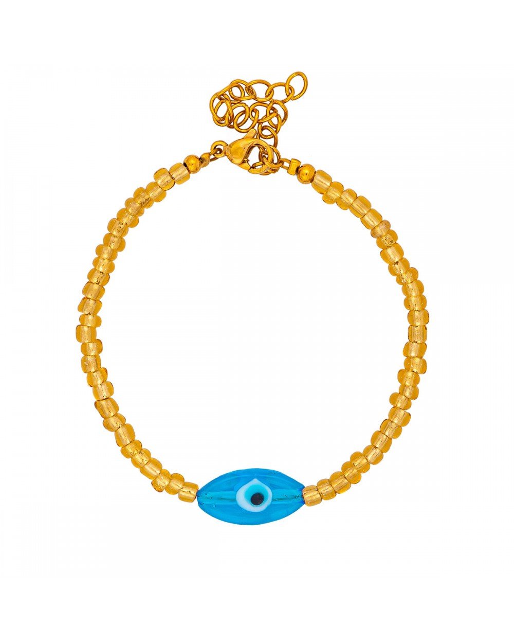 Χειροποίητο  βραχιόλι της Excite Fashion Jewellery, οβάλ γυάλινο γαλάζιο μάτι και χρυσές χάντρες, από επιχρυσωμένο ανοξείδωτο ατσάλι. B-1766-07 Κοσμήματα