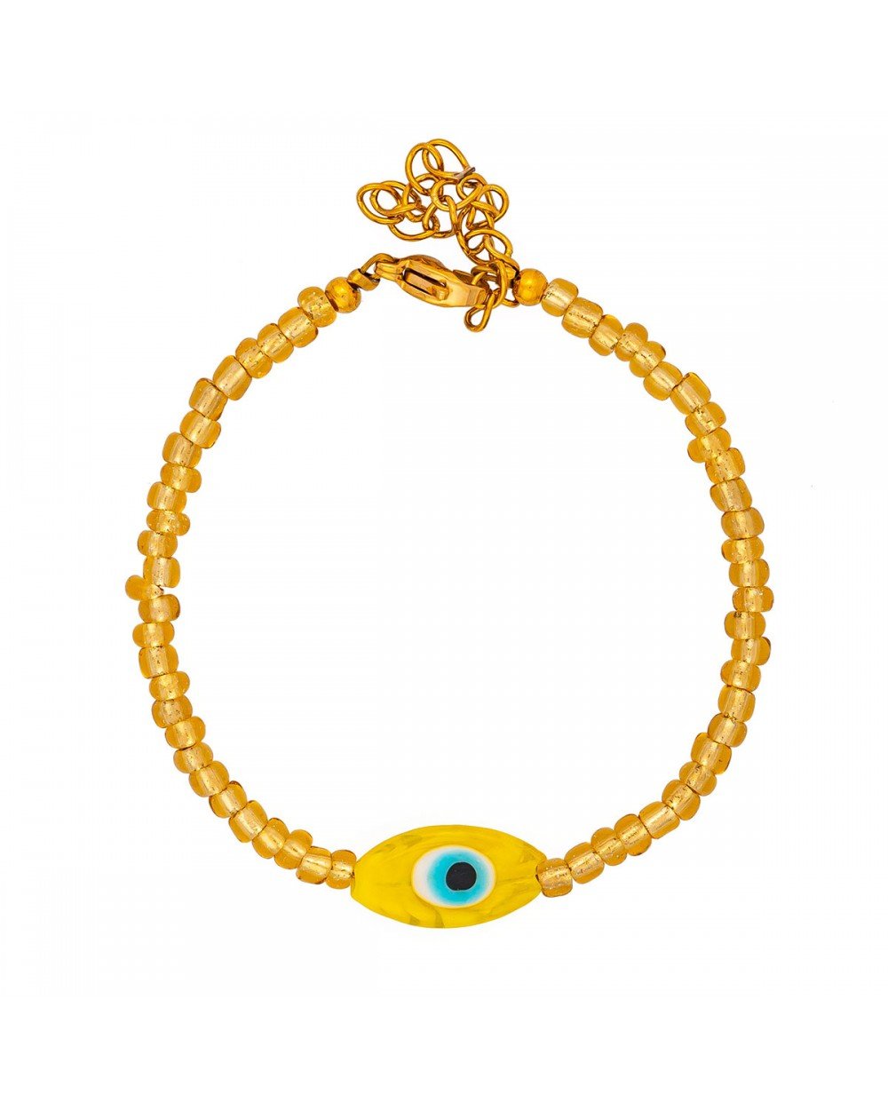 Χειροποίητο  βραχιόλι της Excite Fashion Jewellery, οβάλ γυάλινο κίτρινο μάτι και χρυσές χάντρες, από επιχρυσωμένο ανοξείδωτο ατσάλι. B-1766-16 Κοσμήματα