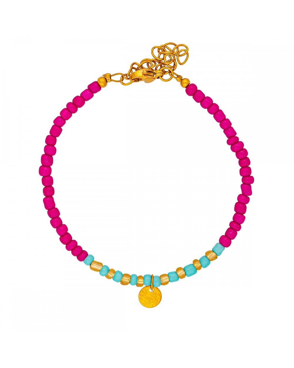 Χειροποίητο βραχιόλι της Excite Fashion Jewellery, κρεμαστό ανάγλυφο στοιχείο, φούξια, τιρκουάζ και χρυσές χάντρες. B-1768-32 Κοσμήματα