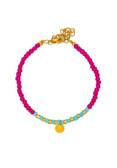 Χειροποίητο βραχιόλι της Excite Fashion Jewellery, κρεμαστό ανάγλυφο στοιχείο, φούξια, τιρκουάζ και χρυσές χάντρες. B-1768-32 Χειροποίητο βραχιόλι της Excite Fashion Jewellery, κρεμαστό ανάγλυφο στοιχείο, φούξια, τιρκουάζ και χρυσές χάντρες. B-1768-32
