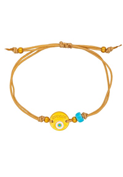 Χειροποίητο βραχιόλι της Excite Fashion Jewellery, μακραμέ, καφέ κορδόνι, επίχρυσο μοτίφ με ματάκι και τιρκουάζ χάντρα. B-1771-05