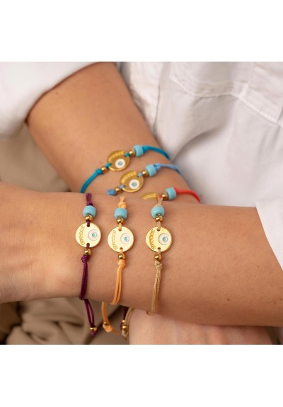 Χειροποίητο βραχιόλι της Excite Fashion Jewellery, μακραμέ, κίτρινο κορδόνι, επίχρυσο μοτίφ με ματάκι και τιρκουάζ χάντρα. B-1771-12