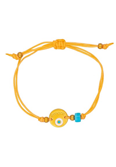 Χειροποίητο βραχιόλι της Excite Fashion Jewellery, μακραμέ, κίτρινο κορδόνι, επίχρυσο μοτίφ με ματάκι και τιρκουάζ χάντρα. B-1771-12
