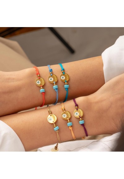 Χειροποίητο βραχιόλι της Excite Fashion Jewellery, μακραμέ, γαλάζιο κορδόνι, επίχρυσο μοτίφ με ματάκι και τιρκουάζ χάντρα. B-1771-14