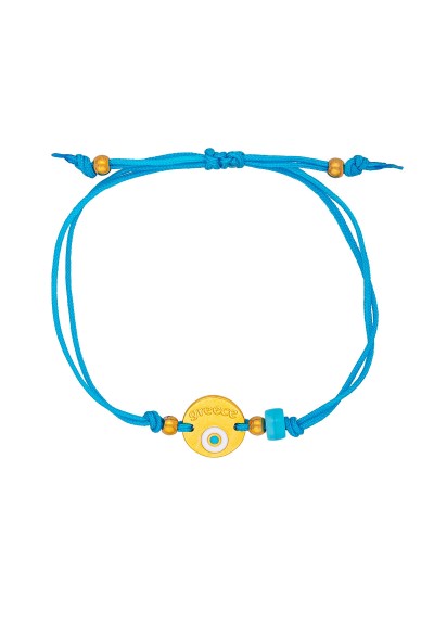 Χειροποίητο βραχιόλι της Excite Fashion Jewellery, μακραμέ, γαλάζιο κορδόνι, επίχρυσο μοτίφ με ματάκι και τιρκουάζ χάντρα. B-1771-14