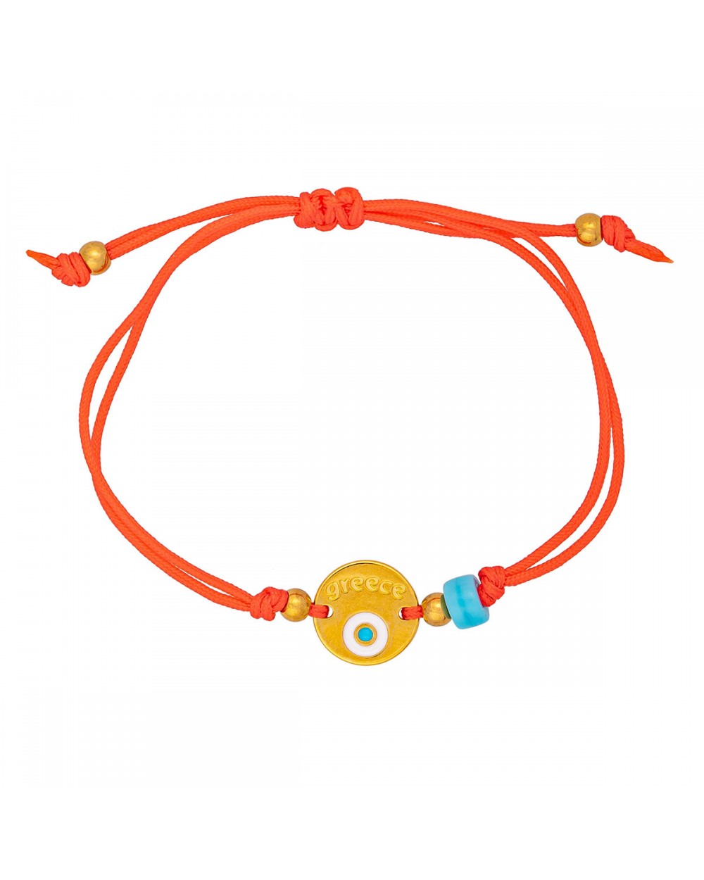 Χειροποίητο βραχιόλι της Excite Fashion Jewellery, μακραμέ, πορτοκαλί κορδόνι, επίχρυσο μοτίφ με ματάκι και τιρκουάζ χάντρα. B-1771-22 Κοσμήματα