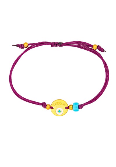 Χειροποίητο βραχιόλι της Excite Fashion Jewellery, μακραμέ, πορφυρό βυσσινί κορδόνι, επίχρυσο μοτίφ με ματάκι και τιρκουάζ χάντρα. B-1771-24