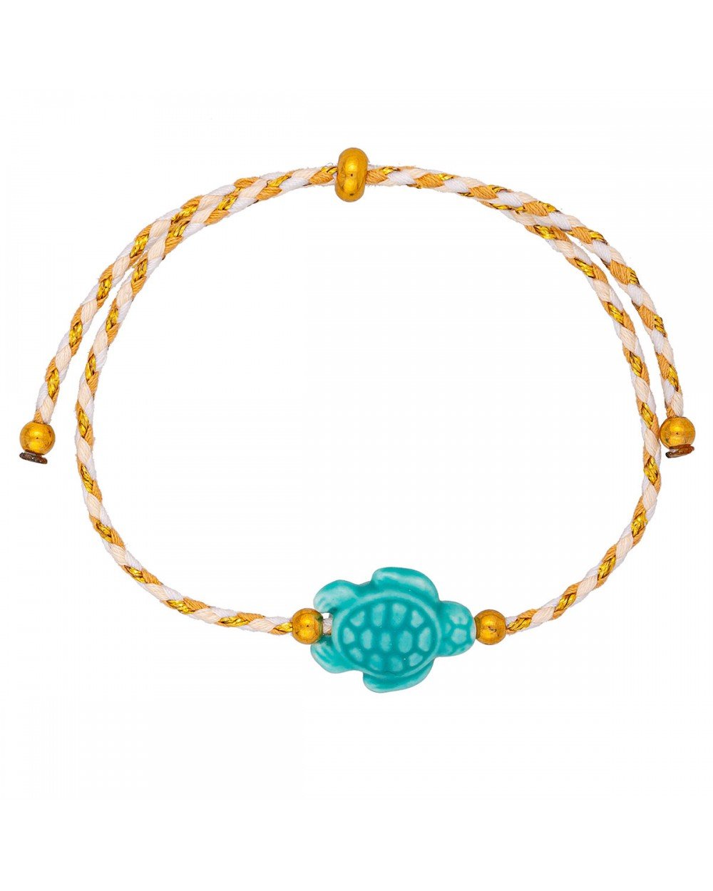 Χειροποίητο βραχιόλι της Excite Fashion Jewellery, χρωματιστό κορδόνι, τιρκουάζ χελωνάκι και χρυσές μπίλιες. B-1773-05 Κοσμήματα