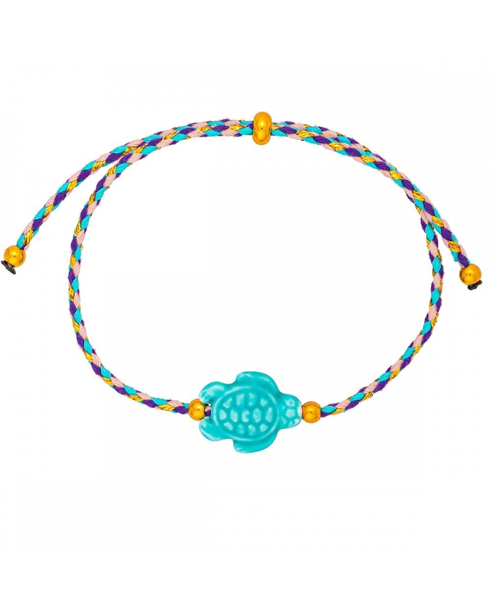 Χειροποίητο βραχιόλι της Excite Fashion Jewellery, moulti color κορδόνι, τιρκουάζ χελωνάκι και χρυσές μπίλιες. B-1773-24 Κοσμήματα