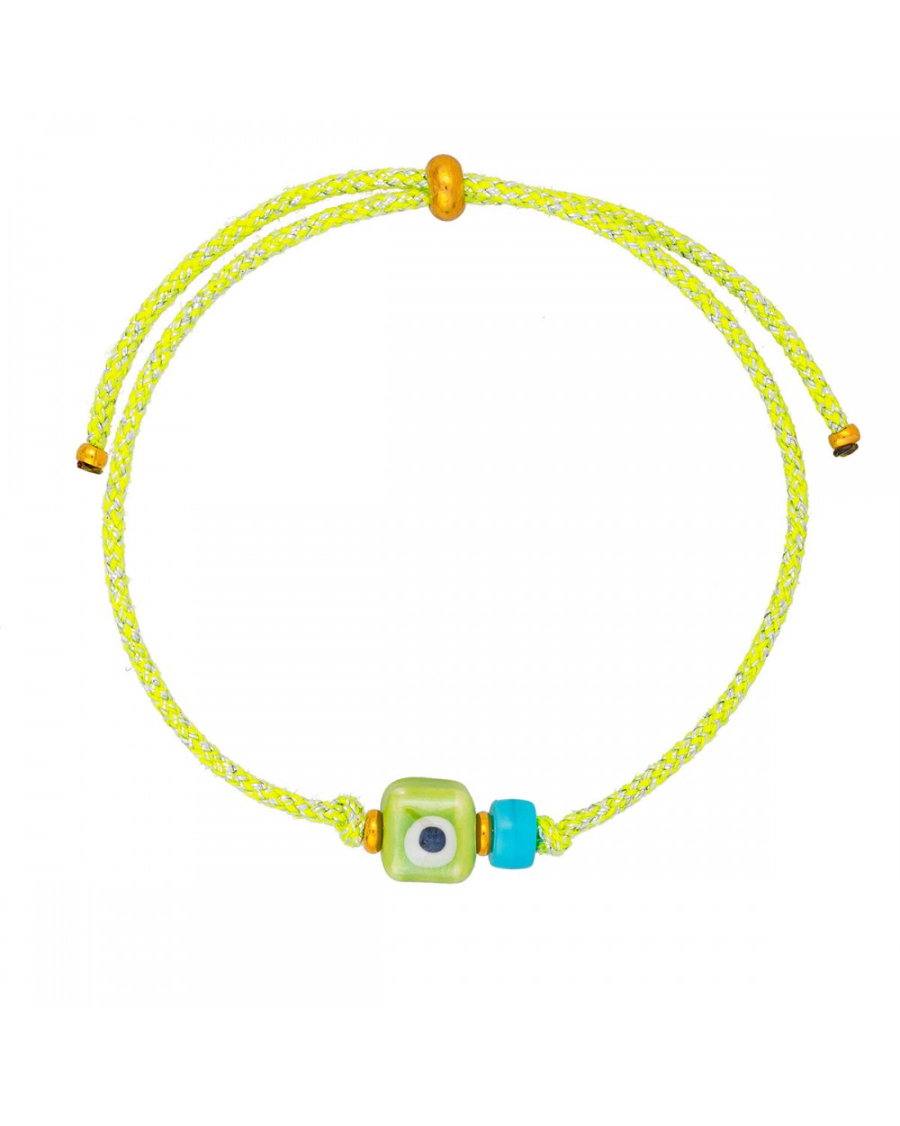 Χειροποίητο βραχιόλι της Excite Fashion Jewellery, fluo πράσινο κορδόνι, ματάκι κύβος, τιρκουάζ χάντρα, και χρυσές μπίλιες. B-1774-08 Κοσμήματα