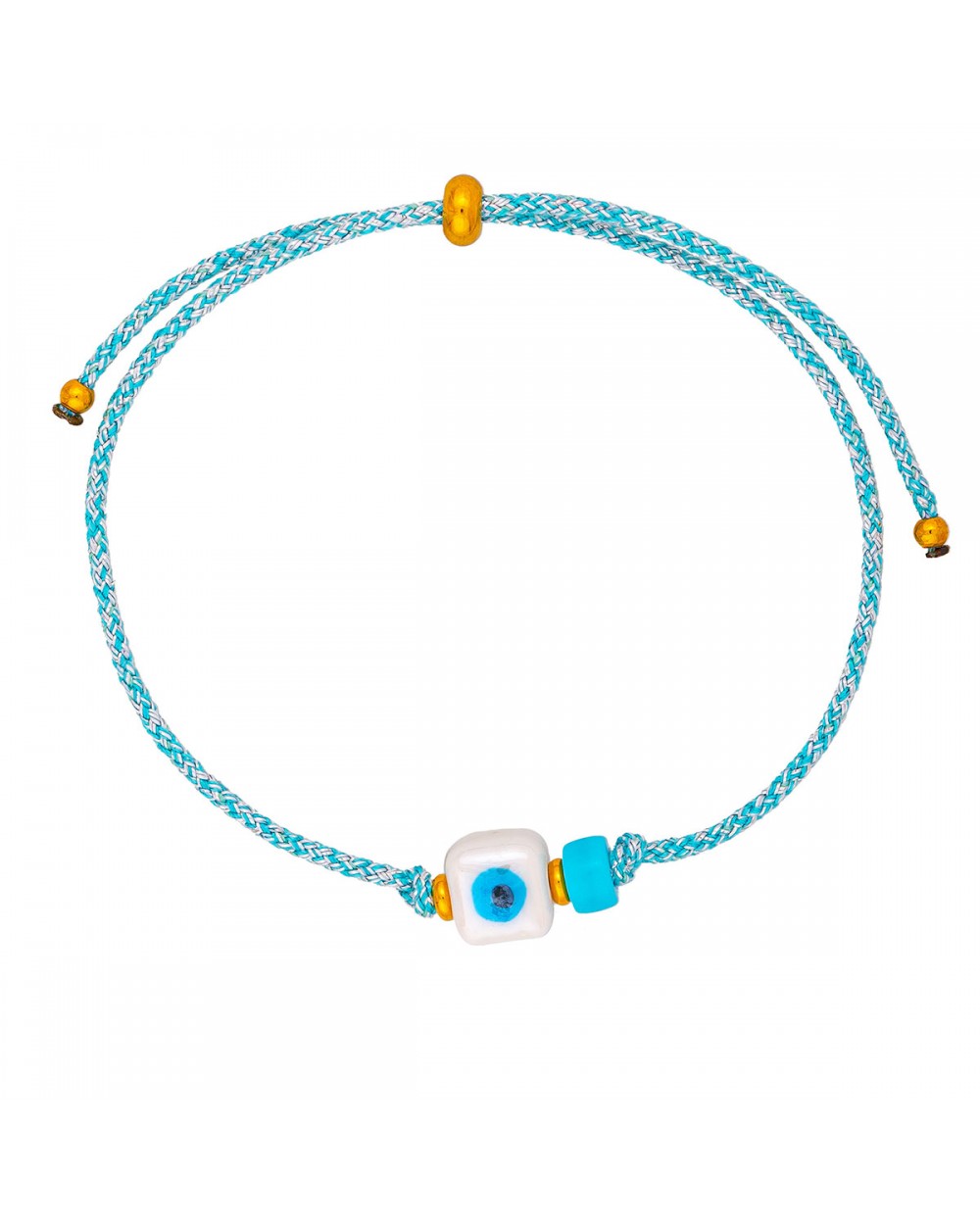 Χειροποίητο βραχιόλι της Excite Fashion Jewellery, δίχρωμο κορδόνι, λευκό ματάκι κύβος, τιρκουάζ χάντρα, και χρυσές μπίλιες. B-1774-17 Κοσμήματα