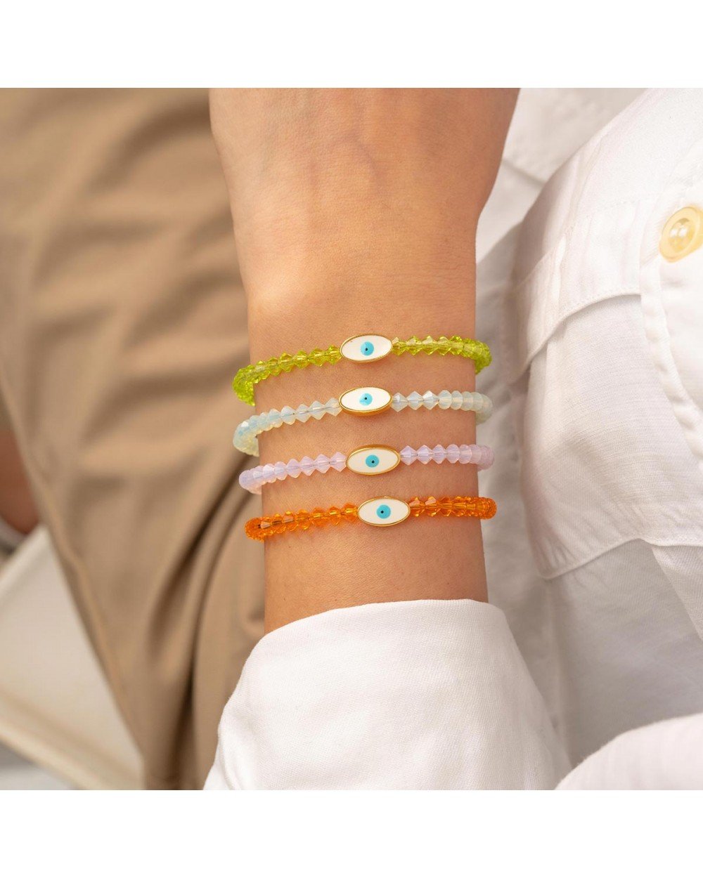 Χειροποίητο βραχιόλι της Excite Fashion Jewellery, ροζ κρυσταλλάκια, οβάλ επίχρυσο ματάκι με λευκό σμάλτο. B-1777-11 Κοσμήματα Χειροποίητο βραχιόλι της Excite Fashion Jewellery, ροζ κρυσταλλάκια, οβάλ επίχρυσο ματάκι με λευκό σμάλτο. B-1777-11 Κοσμήματα