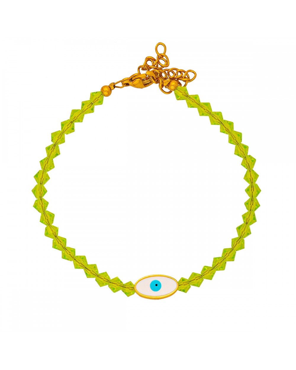 Χειροποίητο βραχιόλι  της Excite Fashion Jewellery, πράσινα  κρυσταλλάκια, οβάλ επίχρυσο ματάκι με λευκό σμάλτο. B-1777-18 Κοσμήματα
