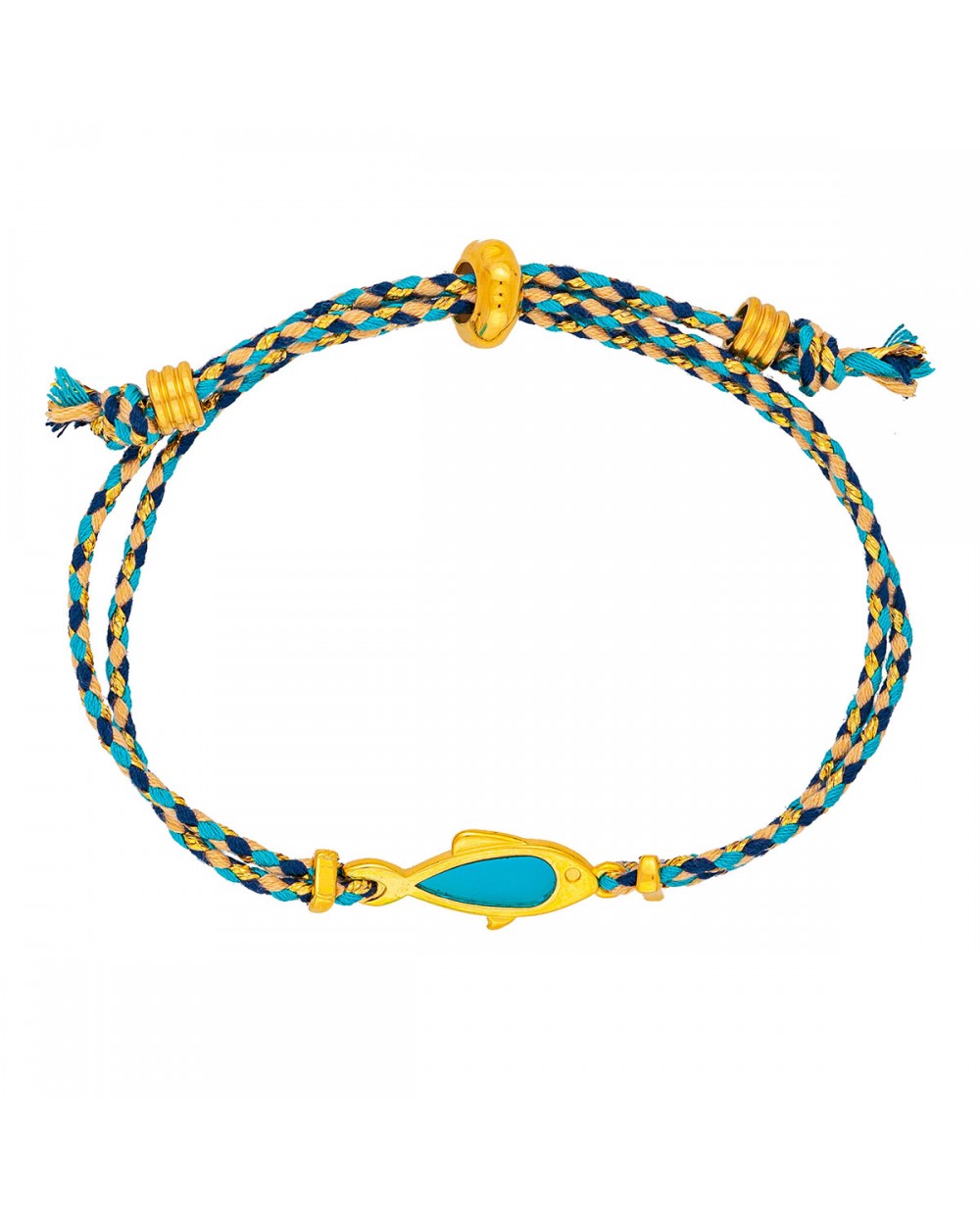 Χειροποίητο βραχιόλι μακραμέ  της Excite Fashion Jewellery, multi κορδόνι, επίχρυσο ψαράκι με τιρκουάζ σμάλτο. B-1780-30 Κοσμήματα