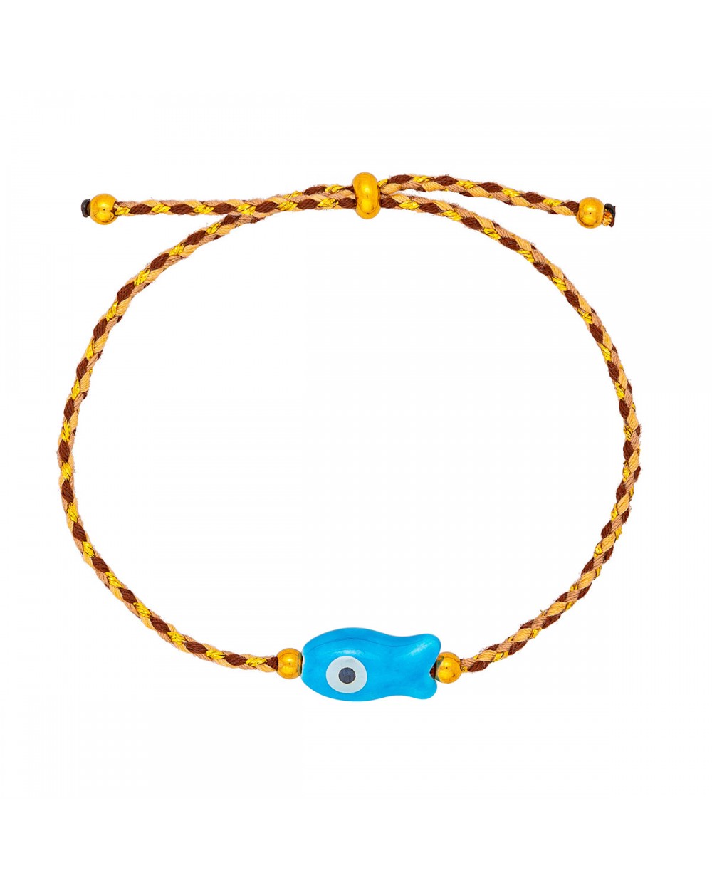 Χειροποίητο βραχιόλι της Excite Fashion Jewellery, πολύχρωμο κορδόνι, κεραμικό γαλάζιο ψαράκι και χρυσές μπίλιες. B-1782-04 Κοσμήματα