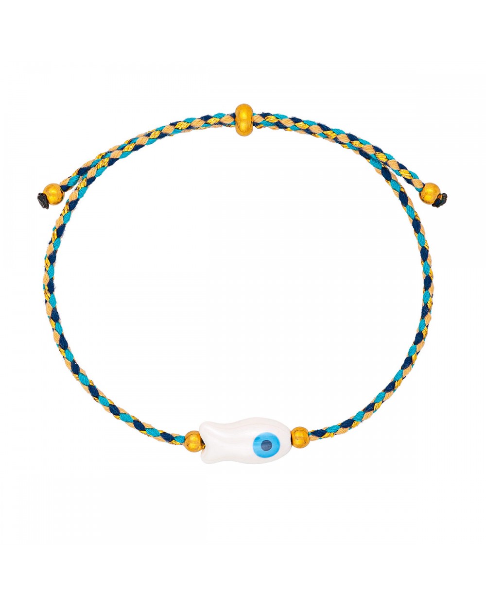 Χειροποίητο βραχιόλι της Excite Fashion Jewellery, πολύχρωμο κορδόνι, κεραμικό λευκό ψαράκι και χρυσές μπίλιες. B-1782-07 Κοσμήματα