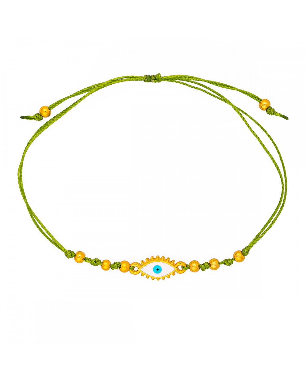 Χειροποίητο βραχιόλι μακραμέ της Excite Fashion Jewellery, πράσινο κορδόνι, οβάλ επίχρυσο ματάκι με λευκό σμάλτο B-1784-08, και χρυσές μπίλιες. Κοσμήματα