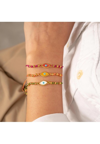 Χειροποίητο βραχιόλι μακραμέ της Excite Fashion Jewellery, πορτοκαλί κορδόνι, οβάλ επίχρυσο ματάκι με  σμάλτο, και χρυσές μπίλιες. B-1784-22 Χειροποίητο βραχιόλι μακραμέ της Excite Fashion Jewellery, πορτοκαλί κορδόνι, οβάλ επίχρυσο ματάκι με  σμάλτο, και χρυσές μπίλιες. B-1784-22
