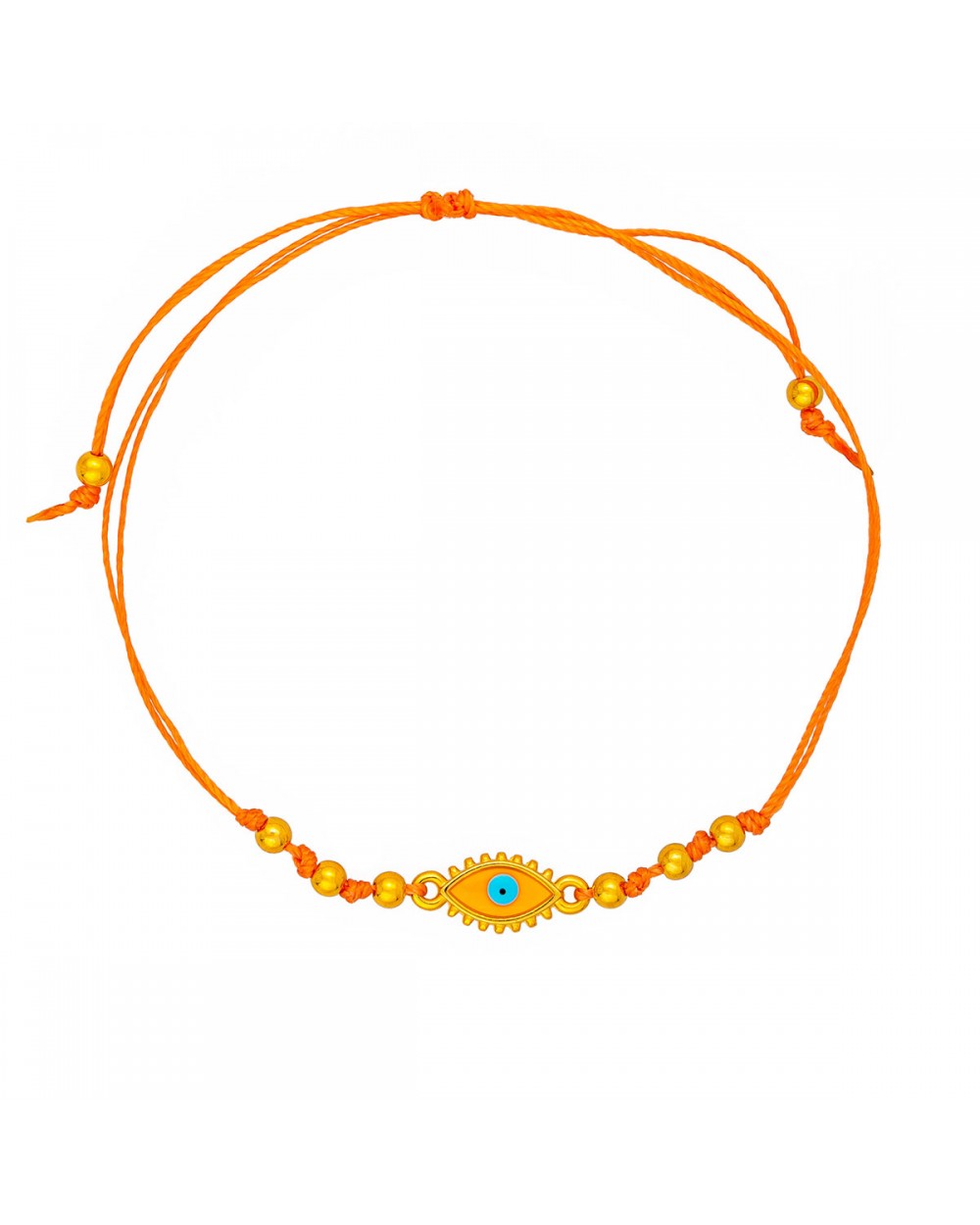 Χειροποίητο βραχιόλι μακραμέ της Excite Fashion Jewellery, πορτοκαλί κορδόνι, οβάλ επίχρυσο ματάκι με  σμάλτο, και χρυσές μπίλιες. B-1784-22 Κοσμήματα