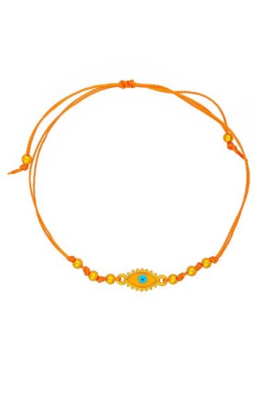Χειροποίητο βραχιόλι μακραμέ της Excite Fashion Jewellery, πορτοκαλί κορδόνι, οβάλ επίχρυσο ματάκι με  σμάλτο, και χρυσές μπίλιες. B-1784-22 Χειροποίητο βραχιόλι μακραμέ της Excite Fashion Jewellery, πορτοκαλί κορδόνι, οβάλ επίχρυσο ματάκι με  σμάλτο, και χρυσές μπίλιες. B-1784-22
