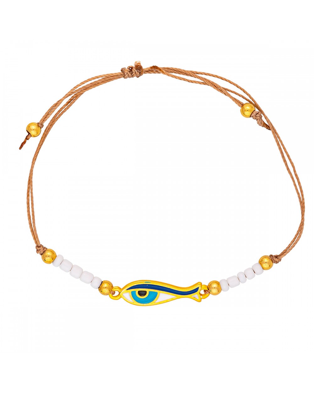 Χειροποίητο βραχιόλι μακραμέ της Excite Fashion Jewellery, καφέ κορδόνι, λευκές χάντρες, επίχρυσο ψαράκι με σμάλτο. B-1785-17 Κοσμήματα Χειροποίητο βραχιόλι μακραμέ της Excite Fashion Jewellery, καφέ κορδόνι, λευκές χάντρες, επίχρυσο ψαράκι με σμάλτο. B-1785-17 Κοσμήματα