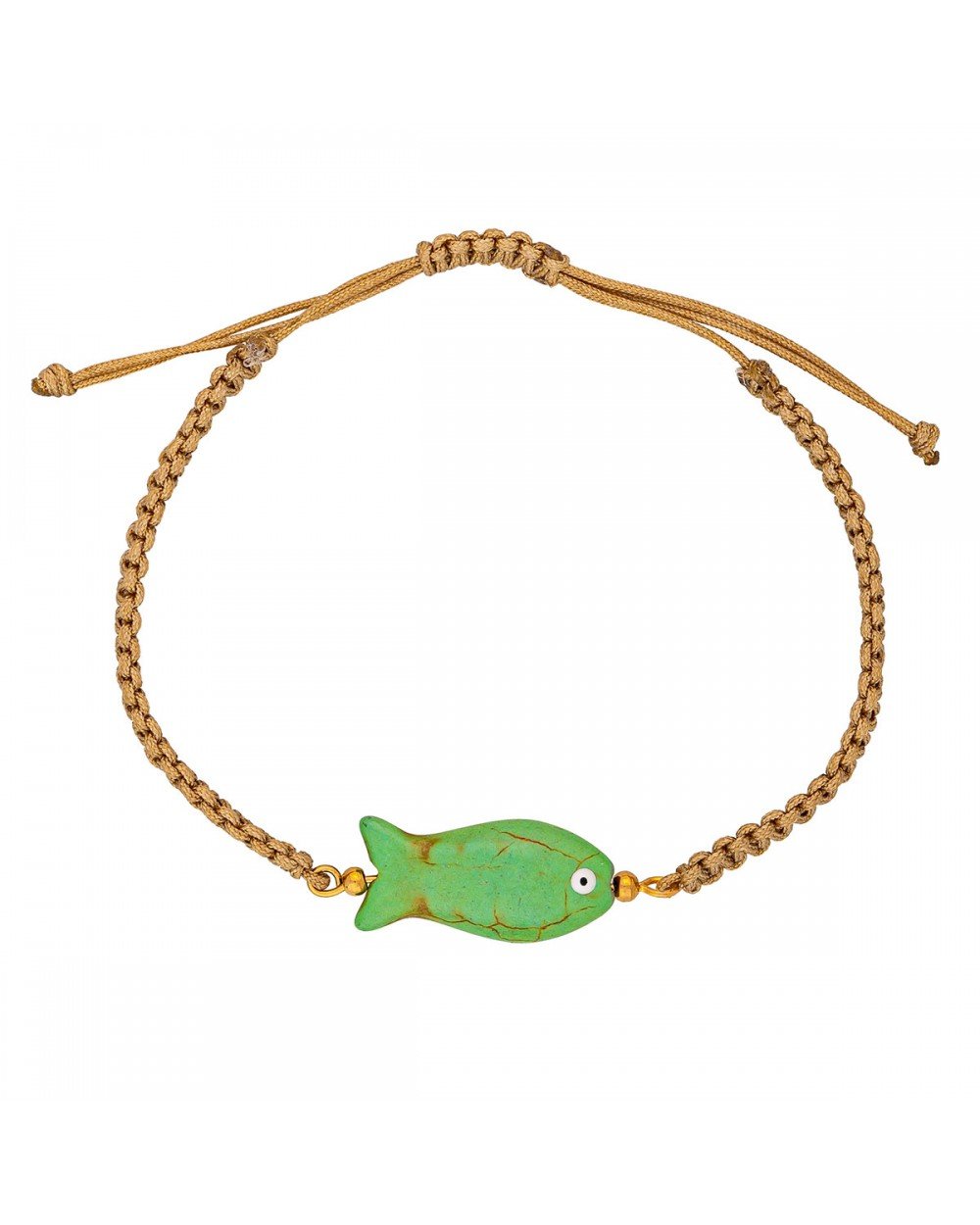 Χειροποίητο βραχιόλι μακραμέ  της Excite Fashion Jewellery, καφέ κορδόνι πράσινο ψαράκι. B-1787-08 Κοσμήματα