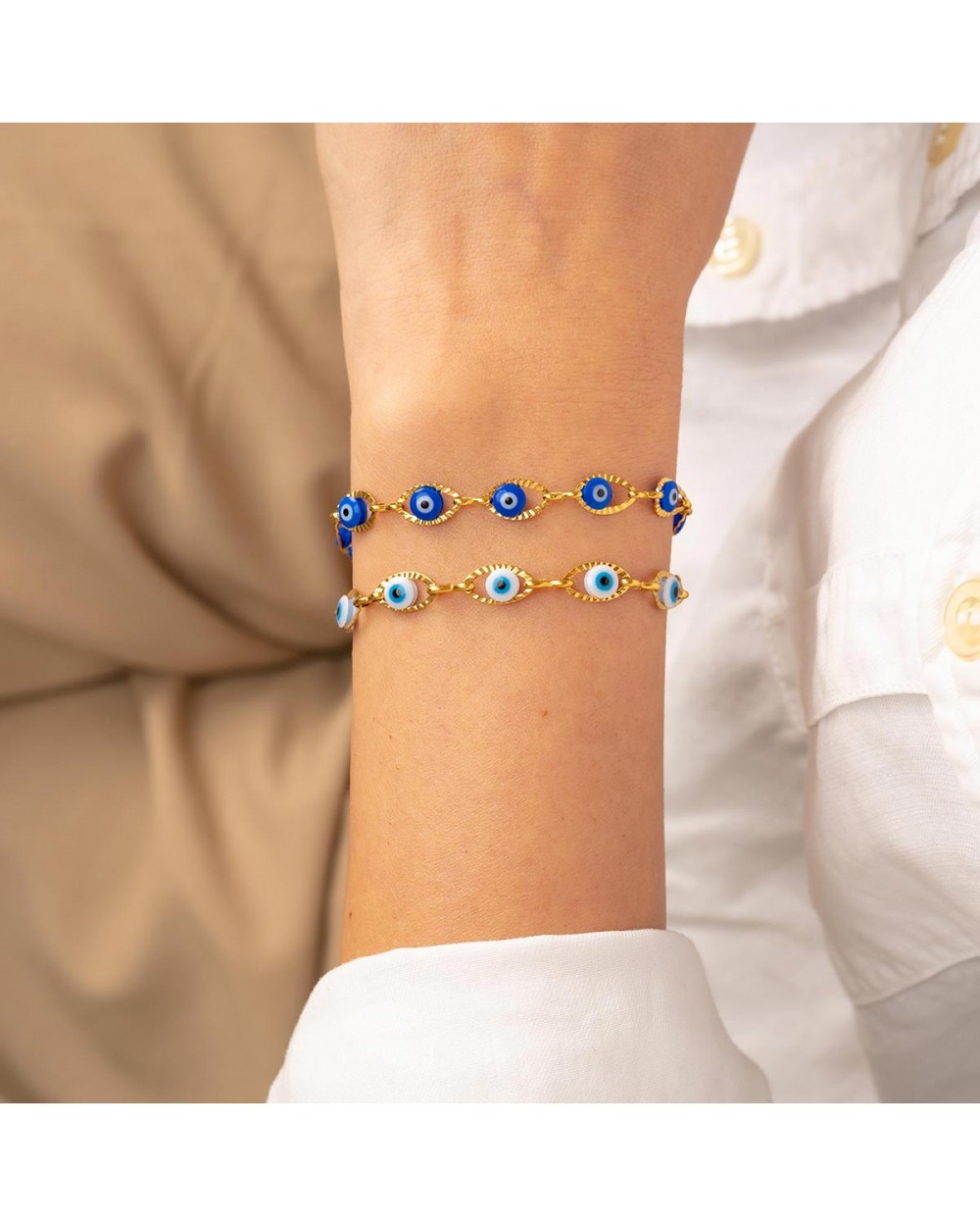 Βραχιόλι της Excite Fashion Jewellery, μπλέ ματάκια, επίχρυση οβάλ αλυσίδα  από ανοξείδωτο ατσάλι. B-1793-21 Κοσμήματα