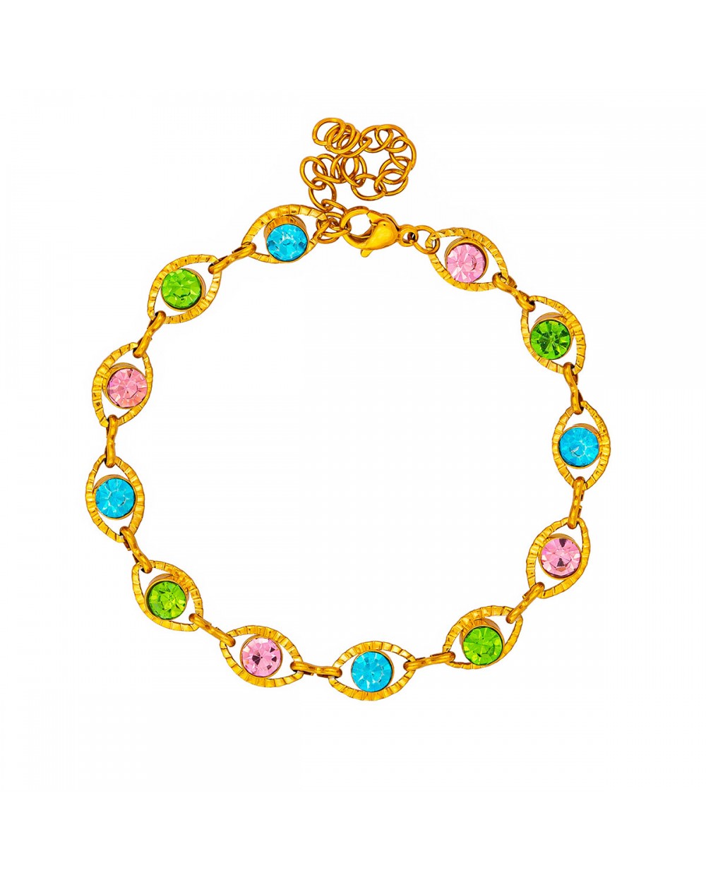 Βραχιόλι της Excite Fashion Jewellery, οβάλ αλυσίδα με πολυχρωμα κρυσταλλάκια, από ανοξείδωτο επίχρυσο ατσάλι. B-1798-01 Κοσμήματα Βραχιόλι της Excite Fashion Jewellery, οβάλ αλυσίδα με πολυχρωμα κρυσταλλάκια, από ανοξείδωτο επίχρυσο ατσάλι. B-1798-01 Κοσμήματα